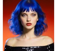winacdkil Perruque ondulée bleue avec frange pour femme, fibre synthétique naturelle résistante à la chaleur, pour cosplay, Halloween, fête costumée (bleu)