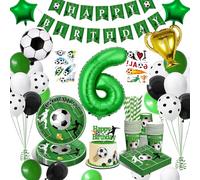 WINAROI Décorations d'anniversaire pour garçon 6 ans - Set thème de football vert avec kit ballons, ajustements, assiettes et bannières pour fêtes
