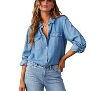WINDEHAO 2023 Nouvelle Chemise Jean décontractée pour Femmes, Chemise à Manches Longues boutonnée à Revers lâche Chemisier Jean Occidental léger (Blue,L)