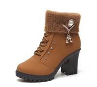 WINDEHAO Bottines à talons épais et chaudes pour femme, bottes à talon en fourrure pour femme, bottes à lacets doublées de fourrure, semelle crantée, fermeture éclair, bottine en daim et strass