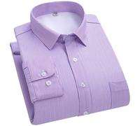 WINDEHAO Chemise à rayures extensible sans couture pour homme, coupe ajustée, doublure polaire chaude, manches longues, boutonnée, confortable, uniforme d'affaires, Rayures violettes, S
