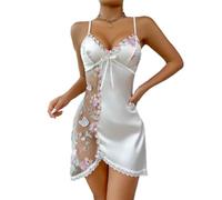 WINDEHAO Chemise de Nuit Transparente en Maille Florale brodée en Dentelle pour Femme, Robe Nuisette en Satin, Nuisette Romantique Transparente (White,S)