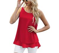 WINDEHAO Débardeur d'été sans manches en mousseline de soie pour femme, grande taille 5XL, double couche, décontracté, tunique à col rond (rouge, XXL)
