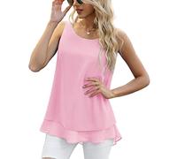 WINDEHAO Débardeur d'été sans manches en mousseline de soie pour femme, grande taille, 5XL, double couche, décontracté, tunique à col rond, rose, 5XL