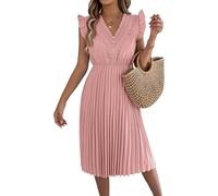 WINDEHAO Robe d'église pour femme - Robe plissée à manches courtes et à volants - Col en V - Élégante robe midi plissée pour fête, mariage, soirée, rose, M