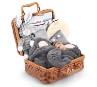 Windeltorte Coffret Cadeau Bébé Torte Couches Neutre 9 Pièces - Ensemble Nouveau-né avec Lapin Gris Peluche & Hochet Bois - Cadeau Naissance en Boîte Bambou pour Fille Garçon Fête Bébé
