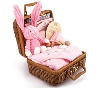 Windeltorte Coffret Cadeau Bébé Torte Couches Neutre 9 Pièces - Ensemble Nouveau-né avec Lapin Rose Peluche & Hochet Bois - Cadeau Naissance en Boîte Bambou pour Fille Garçon Fête Bébé