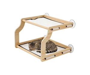 Window Cat Bed, Double Layer Pet Perch, 18.1x16.9 Inch Frame with Climbing Basking Feature, Solid Timber Safety Guard, Natural Finish with Indoor Style, Resting Tool for Windowsills Bedside Cabinets
