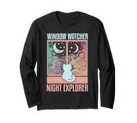 Window Watcher Night Explorer Chat Moon Art Manche Longue