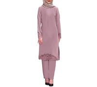 Windsfinr Abaya Robe de prière musulmane en coton pour femme Robe de soirée Col en V Couleur unie Robe hijab Grandes tailles Robe arabe turque, Rose, M