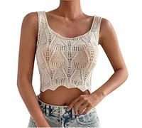 Windsfinr Crop Top Débardeur à col rond pour femme - Tricot au crochet - Sans manches - Col en U - Pour adolescentes et filles - Coupe droite - Haut d'été, beige, S
