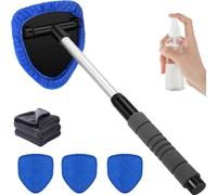 Windshield Cleaner Tool with Extendable Handle & 4 Reusable Microfiber Pads and Spray Bottle for Windows, Mirrors & Home Use (Blue)