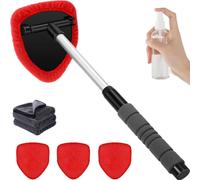 Windshield Cleaner Tool with Extendable Handle & 4 Reusable Microfiber Pads and Spray Bottle for Windows, Mirrors & Home Use (Red)