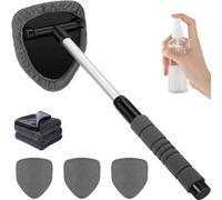 Windshield Cleaner Tool with Extendable Handle & 4 Reusable Microfiber Pads and Spray Bottle for Windows, Mirrors & Home Use (Gray)