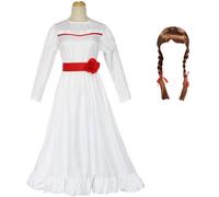 Windskids Déguisement Annabelle avec Perruques Femme Cosplay Horreur Poupée Annabelle Médiéval Gothic Vintage Blanc Maxi Robe pour Fancy Dress Up Halloween Carnaval Fête Mascarade Performances Costume
