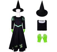 Windskids Déguisement Elphaba Filles Cosplay Wicked Sorcière Elphaba Robe avec Chapeau Magique Gants Set pour Fancy Dress Up Halloween Noël Carnaval Fête Anniversaire Mascarade Performance Costume