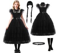 Windskids Déguisement Halloween Fille Noir Gothic Vintage Zombie Mariée Fantôme Maxi Tulle Robe de Bal avec Perruque et Chaussettes Set pour Carnaval Fête Fancy Dress up Costume, 4-10 Ans