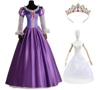 Windskids Déguisement Raiponce avec Couronne Jupon Femme Cosplay Blonde Princesse Rapunzel Deluxe Vintage Robe de Soirée pour Noël Carnaval Halloween Fête Anniversaire Mascarade Performances Costume