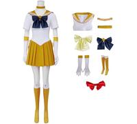 Windskids Déguisement Sailor V Femme Cosplay Anime Sailor Venus Aino Minako Combat Uniforme Robe avec Accessoires pour Halloween Carnaval Fête Mascarade Performances Costume, Jaune
