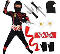 Windskids Ninja Déguisement Enfant Costume Rouge Noir Soldat Assassin Vêtements avec Guerrier Musculaire Accessoires pour Cosplay Halloween Carnaval Anniversaire Mascarade Party Soirée Âge 4-12 Ans