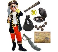 Windskids Pirate Costume Enfant Déguisement Pirate Accessoires Pirate Cache-Oeil Télescope Compass Bourse Boucle d'oreille Or Medasie Enfant Pirate Halloween Costume Taille S-XL