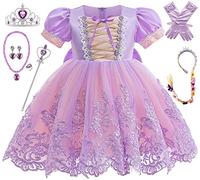 Windskids Raiponce Déguisement Fille Rapunzel Costume Robe de Princesse et Perruques Tresses Accessoires Cosplay Noël Carnaval Halloween Fête Anniversaire Baptême Robes de Soirée pour Bébé 1-7 Ans