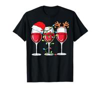 Wine Christmas Santa Hat Xmas Lights Reindeer Antlers Women T-Shirt