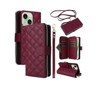(Wine Red, Multicolor) For iPhone 15 Plus 14 Plus Case Wallet PU Leather Rhombus Stand Anti-Fall Phone Cover - Beige