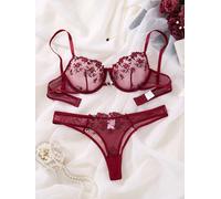 WineRed ensemble de lingerie en dentelle brodée florale de style français, support de soutien-gorge transparent sexy et pur désir, fête de la Saint-Valentin ZA824026 Vin rouge