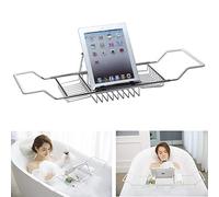 WING Pont de Baignoire Metal, Acier INOX Baignoire Plateau Extensible rétractable Étagères de Salle de Bain avec Livre Reste,argenté, 63.5-98 cm