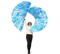 Winged Sirenny 2 Pièces Ailes d’Isis en Soie pour Danse du Ventre, Voiles 180 cm Demi-Lune Fluides pour Danse Orientale, Baladi, Spectacles et Festivals, Tige portable et flexible, Bleu et blanc