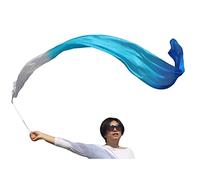Winged Sirenny Baguette Ruban Soie 2.5m pour Danse Spectacle - Écharpe Fluide Performance Artistique - Accessoire Cérémonie Élégant avec Tige 48cm (Blanc-Turquoise-Bleu)