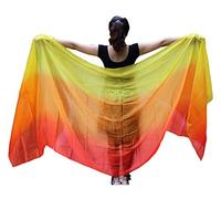 Winged Sirenny Voile de Danse Orientale en Soie Véritable Peint à la Main - Écharpe Fluide pour Belly Dance, Spectacle, Cérémonie, Fête - Ourlets Roulés Main, jaune/orange/rouge