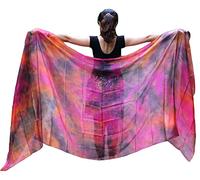 Winged Sirenny Voile de Danse Orientale en Soie Véritable Peint à la Main - Écharpe Fluide pour Belly Dance, Spectacle, Cérémonie, Fête - Ourlets Roulés Main, Noir+rose+orange