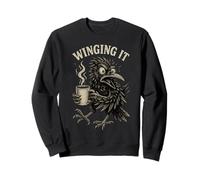 Winging It Funny Angry Crow Coffee Lover Retro Bird Humour Sweatshirt