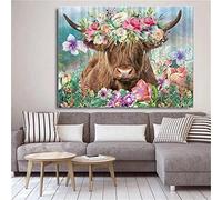 Wingkin Broderie Point De Croix Kits Vache Highland Fleur 11CT Avancée estampillé Point de Croix DIY Débutant Pré-Imprimé Toile Broderie Nouvel An Cadeaux (40x50 cm)