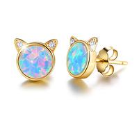 Winglove✦Cadeau Noel✦Bijoux Femme, boucles d'oreilles femme chat opale en argent plaqué or 18 carats Chat mignon avec boucles d'oreilles en pierre naturelle pour les filles. (Yellow Gold-Blue Opal)