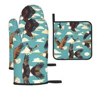 Wings of Freedom Lot de 3 gants de cuisine imprimés résistants à la chaleur avec tapis de support pour la cuisine, la cuisson, le barbecue, le barbecue - Accessoires de cuisine en polyester