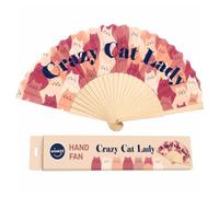 Winkee Crazy Cat Lady, éventail amusant avec message et support d'éventail, pliable, en bois et tissu, idée cadeau pour femmes et amies, 42,5 x 23 cm