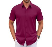 WINKEEY Chemise Homme Manches Courtes sans Repassage Infroissable Chemise Habillée Élastique Été Col Boutonné, Bordeaux XL