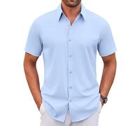 WINKEEY Chemise Homme Manches Courtes sans Repassage Infroissable Chemise Habillée Élastique Été Col Boutonné, Bleu Clair XL