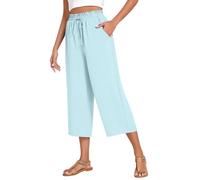 WINKEEY Pantalon Femme Fluide en Coton Lin Ceinture Élastique Taille Haute Coupe Large Palazzo avec Poches, Bleu Clair L