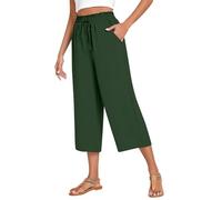 WINKEEY Pantalon Femme Fluide en Coton Lin Ceinture Élastique Taille Haute Coupe Large Palazzo avec Poches, Vert Armée L