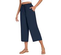 WINKEEY Pantalon Femme Fluide en Coton Lin Ceinture Élastique Taille Haute Coupe Large Palazzo avec Poches, Bleu Marine XL