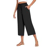 WINKEEY Pantalon Femme Fluide en Coton Lin Ceinture Élastique Taille Haute Coupe Large Palazzo avec Poches, Noir XL