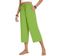 WINKEEY Pantalon Femme Fluide en Coton Lin Ceinture Élastique Taille Haute Coupe Large Palazzo avec Poches, Vert d'herbe XL