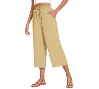WINKEEY Pantalon Femme Fluide en Coton Lin Ceinture Élastique Taille Haute Coupe Large Palazzo avec Poches, Beige L