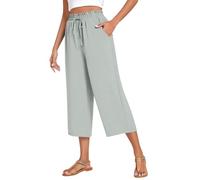 WINKEEY Pantalon Femme Fluide en Coton Lin Ceinture Élastique Taille Haute Coupe Large Palazzo avec Poches, Gris Clair M