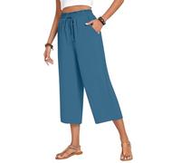 WINKEEY Pantalon Femme Fluide en Coton Lin Ceinture Élastique Taille Haute Coupe Large Palazzo avec Poches, Bleu Foncé XL