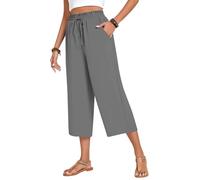 WINKEEY Pantalon Femme Fluide en Coton Lin Ceinture Élastique Taille Haute Coupe Large Palazzo avec Poches, Gris Foncé S